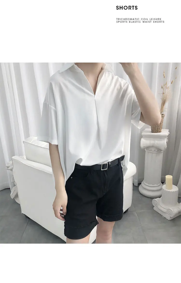 Men's Black Short Sleeve V-Neck Shirt with White Shorts — feature 8