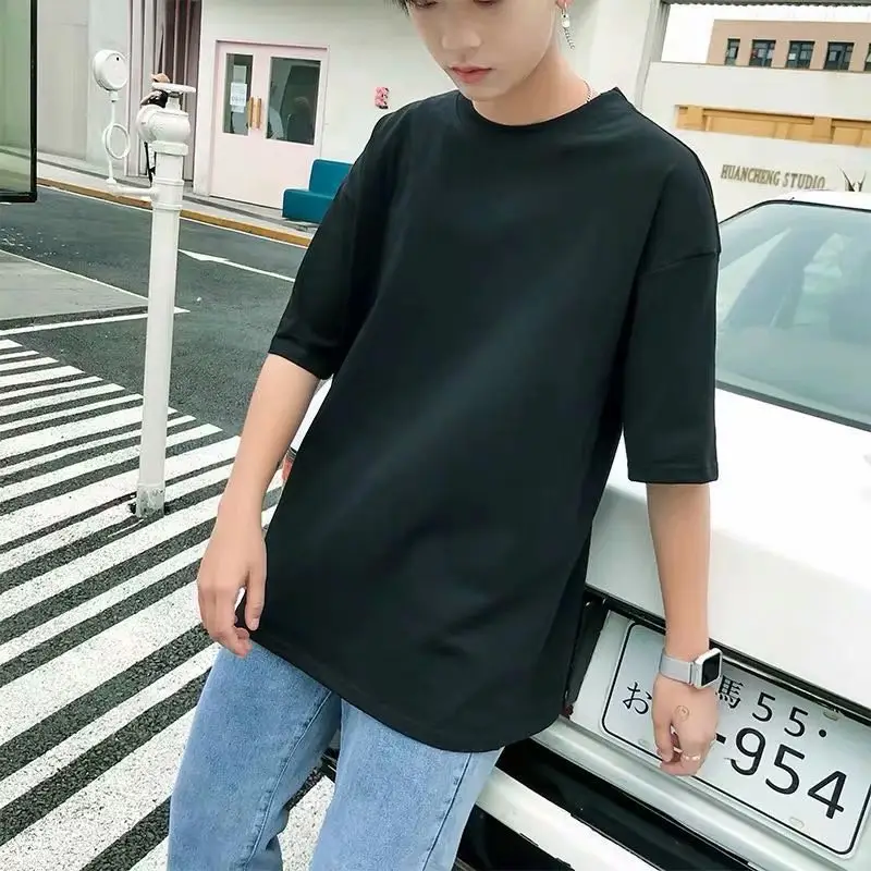 Men White Loose Round Neck T-Shirt 2020 Summer - Image 4