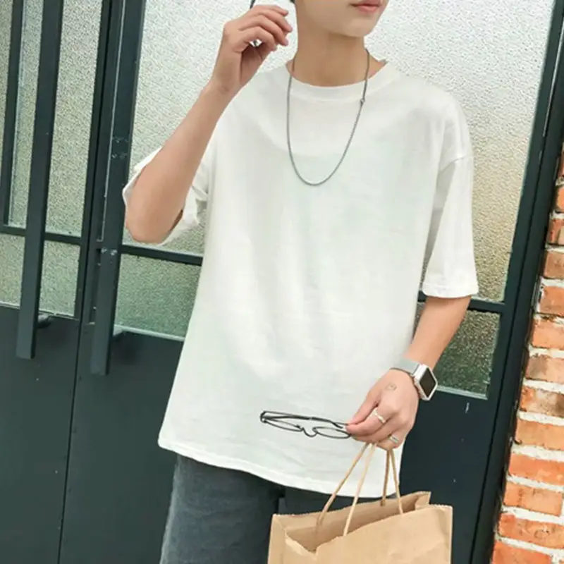 Men White Loose Round Neck T-Shirt 2020 Summer - Image 6