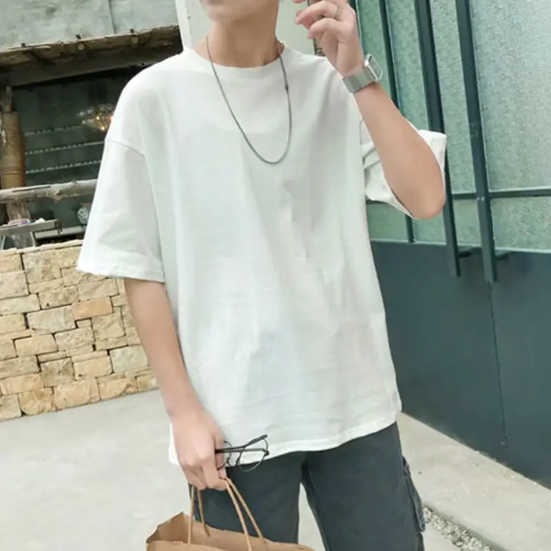 Men White Loose Round Neck T-Shirt 2020 Summer - Image 7