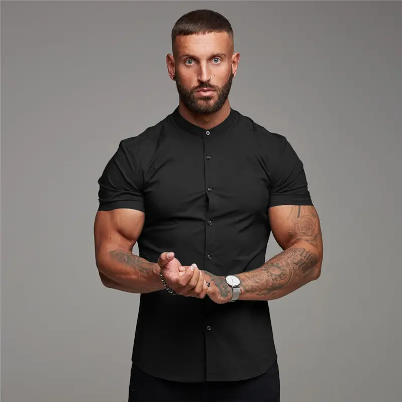 Men's Black Elastic Slim Fit Fitness T-Shirt