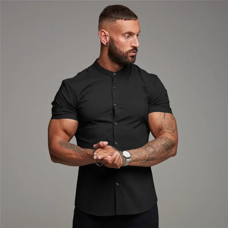 Men's Black Elastic Slim Fit Fitness T-Shirt