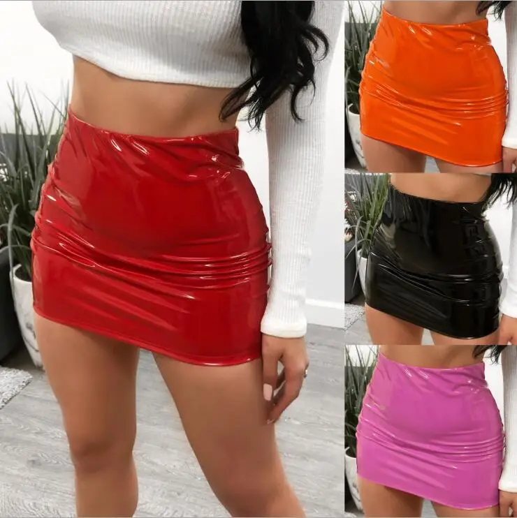 Bright Patent Leather Hip-Covering Skirt for Women