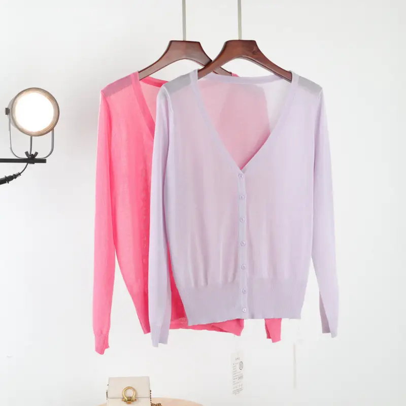 Women V Neck Light Purple Knitwear Cardigan - Image 11