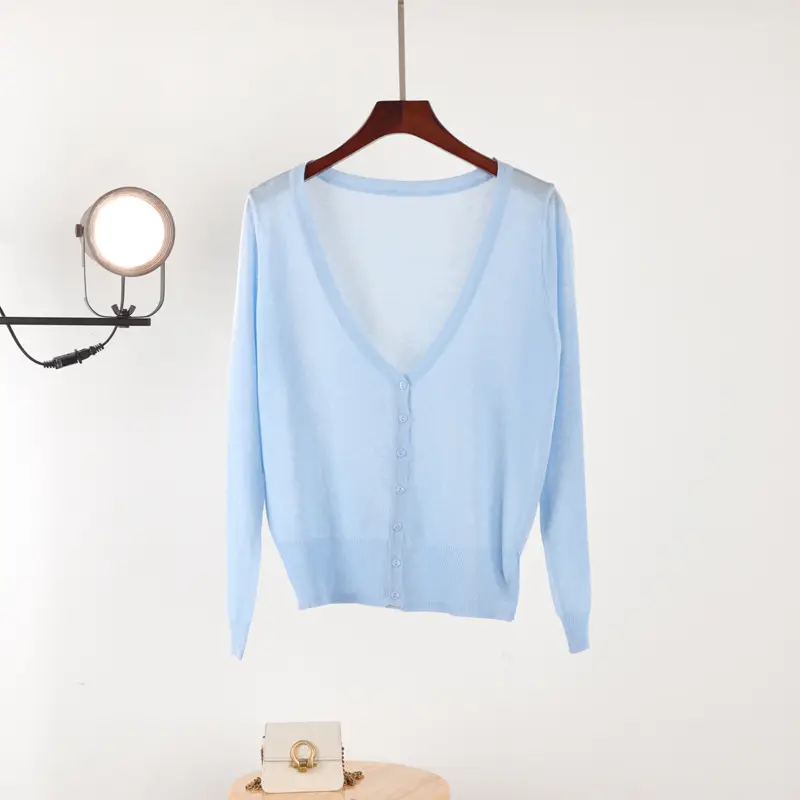 Women V Neck Light Purple Knitwear Cardigan - Image 13