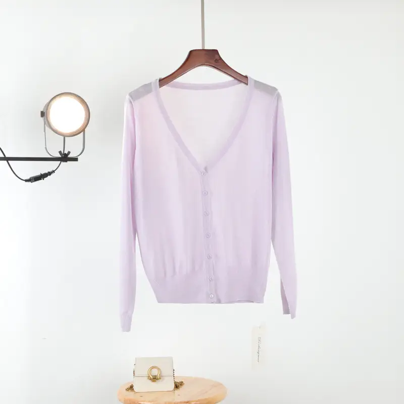 Women V Neck Light Purple Knitwear Cardigan - Image 3