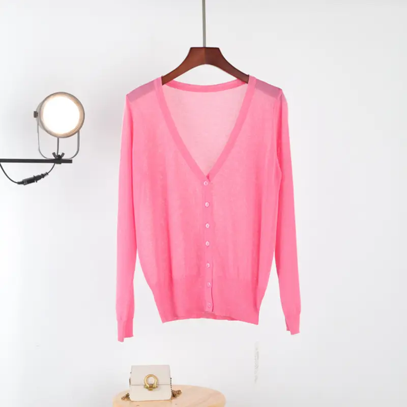 Women V Neck Light Purple Knitwear Cardigan - Image 6