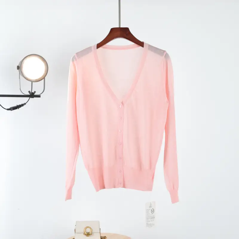 Women V Neck Light Purple Knitwear Cardigan - Image 7