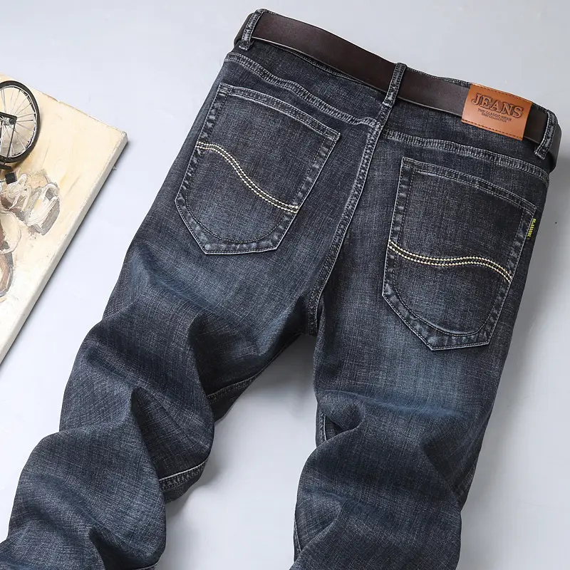Men Slim Fit Wash Denim Trousers Winter Stretch - Image 2