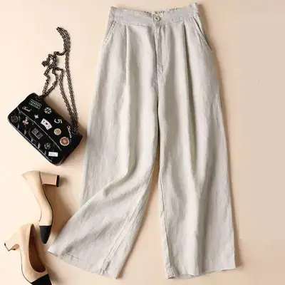 Women Wide Leg Linen Pants Summer White M-3 - Image 2
