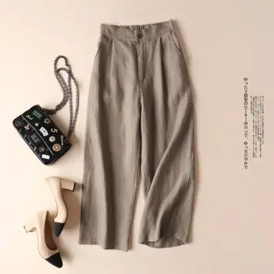 Women Wide Leg Linen Pants Summer White M-3 - Image 7