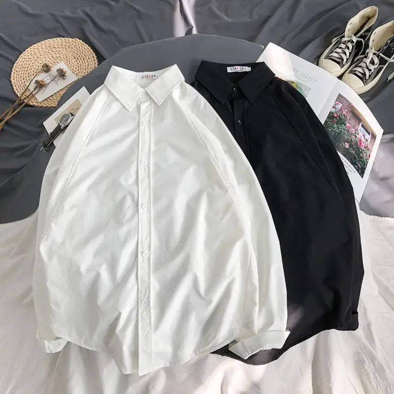 Men's Black Lapel Shirt Loose Fit Long Sleeve