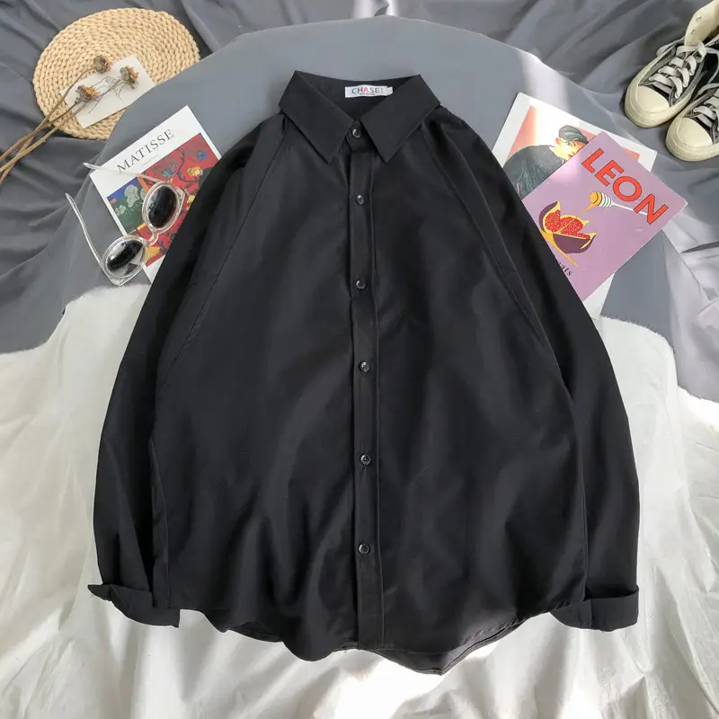 Men's Black Lapel Shirt Loose Fit Long Sleeve