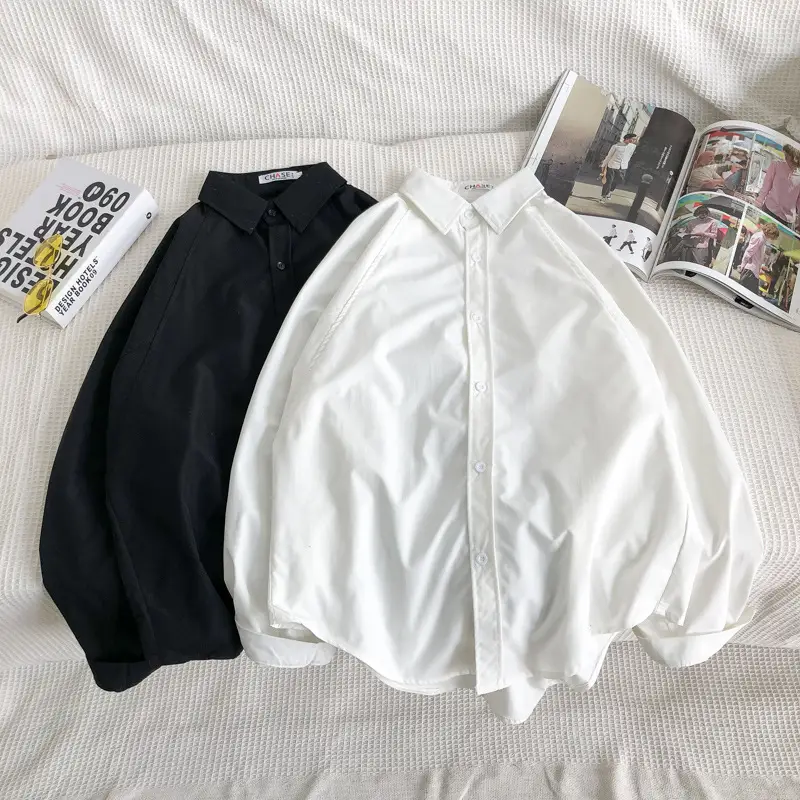 Men's Black Lapel Shirt Loose Fit Long Sleeve