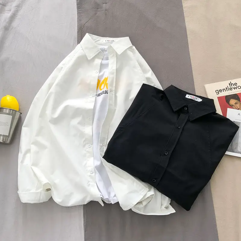 Men's Black Lapel Shirt Loose Fit Long Sleeve
