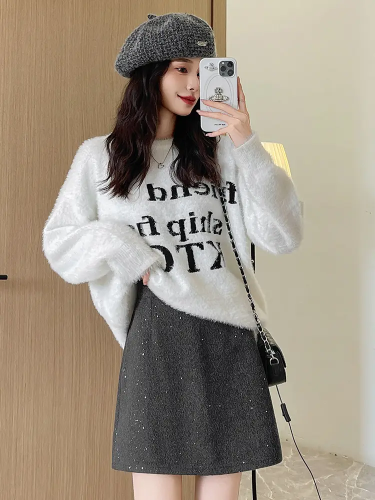 Women Woolen Sequin Half Skirt High Waist Slimming