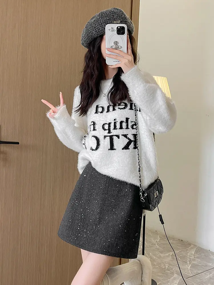 Women Woolen Sequin Half Skirt High Waist Slimming