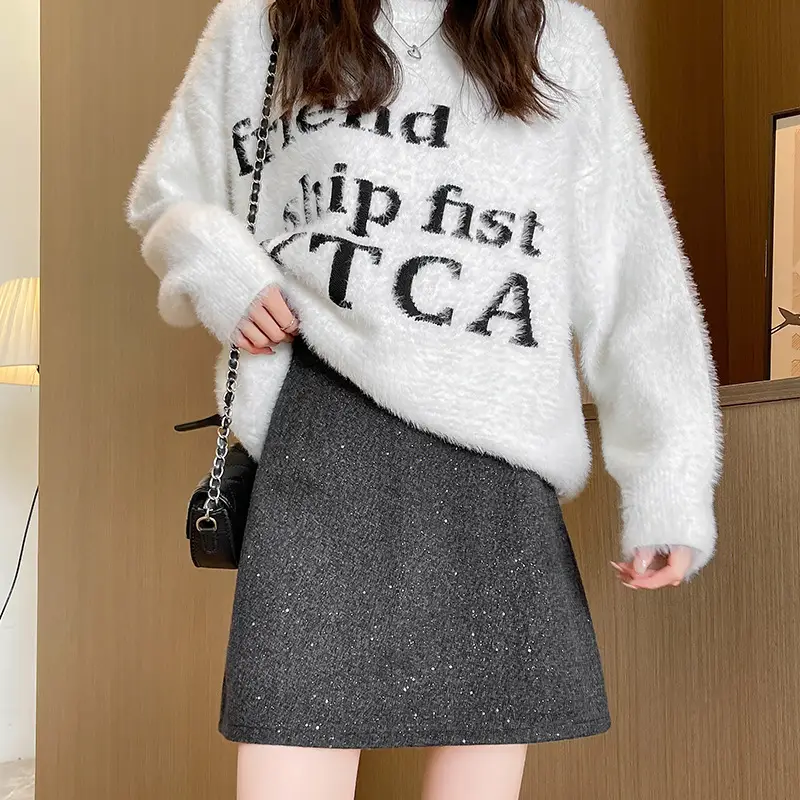 Women Woolen Sequin Half Skirt High Waist Slimming