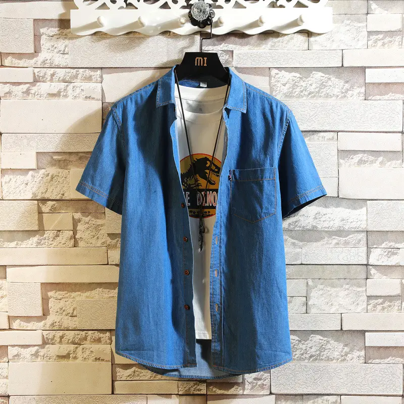 Men's Light Blue Pure Cotton Short Sleeve Shirt