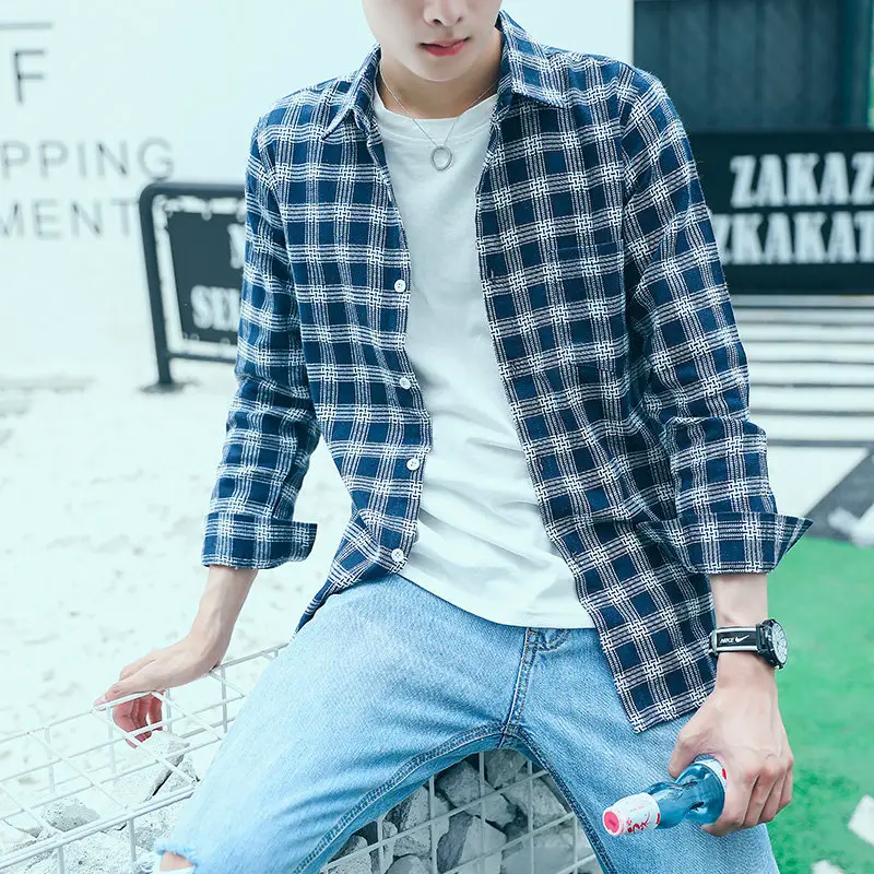 Men Plaid Long Sleeve Shirt Slim Fit All Season - Image 7