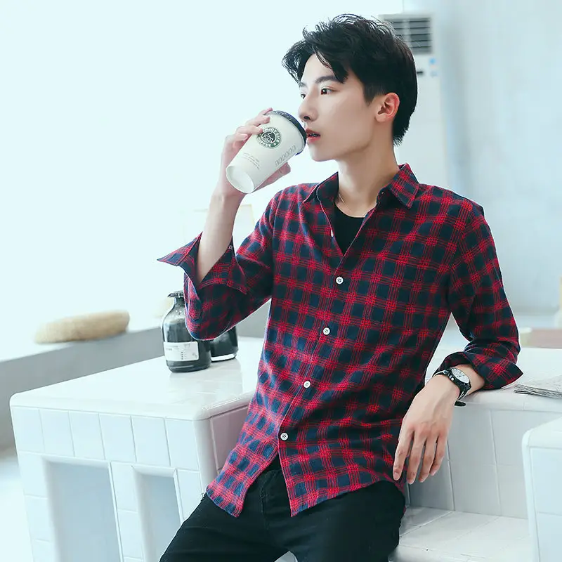 Men Plaid Long Sleeve Shirt Slim Fit All Season - Image 8