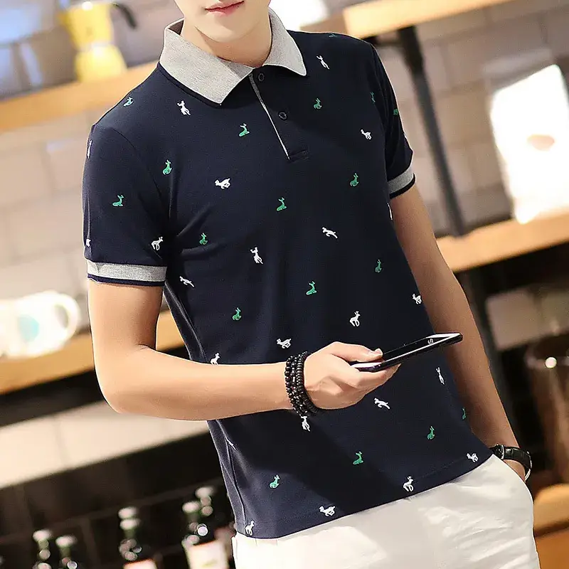 Men Black Printed Polo T-Shirt Short Sleeve - Image 4