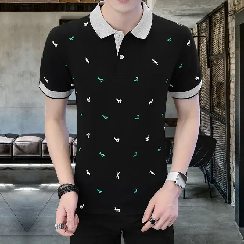 Men Black Printed Polo T-Shirt Short Sleeve - Image 3