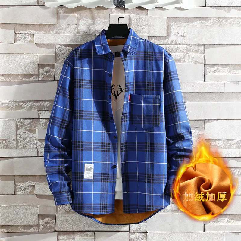 Men Plaid Warm Coat Blue Long Sleeve Winter - Image 2