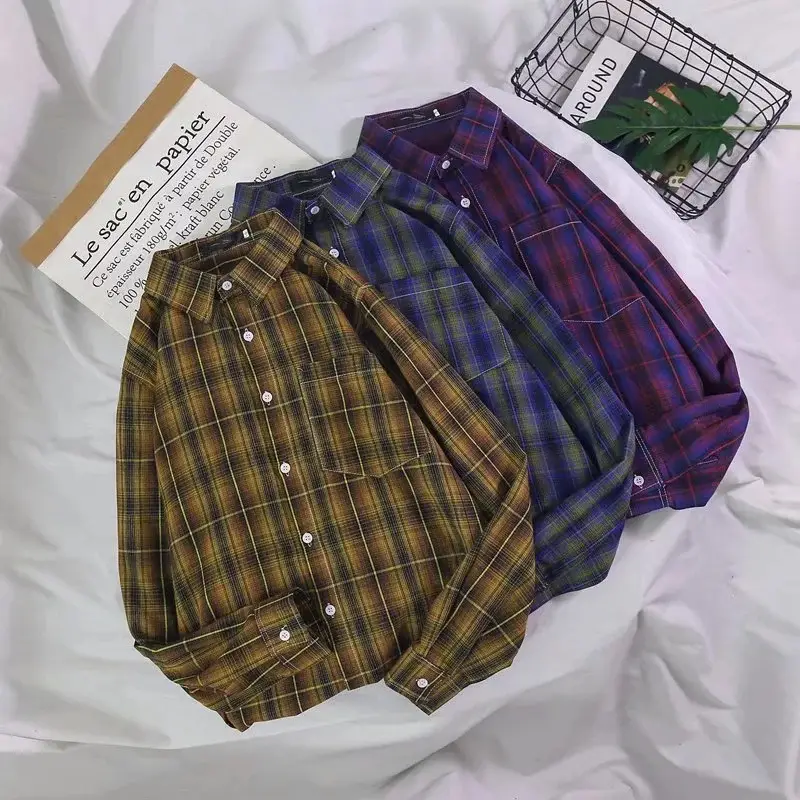 Men's Plaid Long Sleeve Shirt Purple Blue Youth Casual - Image 4