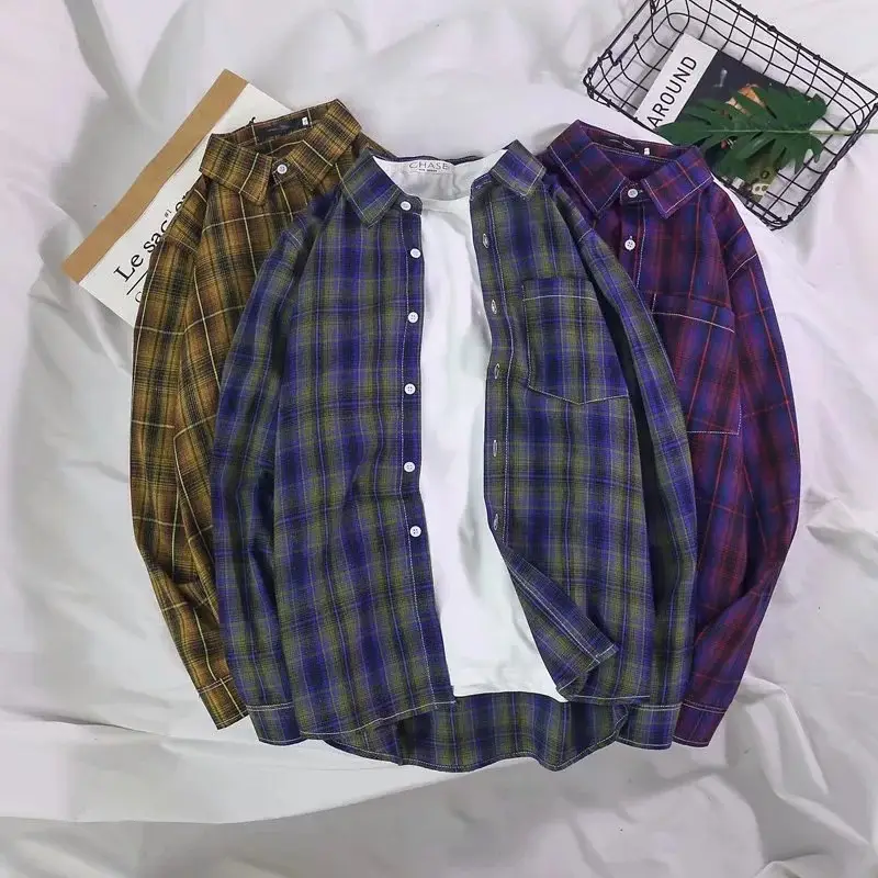 Men's Plaid Long Sleeve Shirt Purple Blue Youth Casual - Image 5