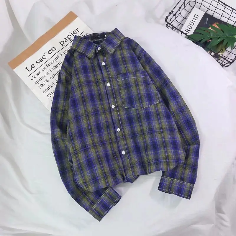 Men's Plaid Long Sleeve Shirt Purple Blue Youth Casual - Image 6