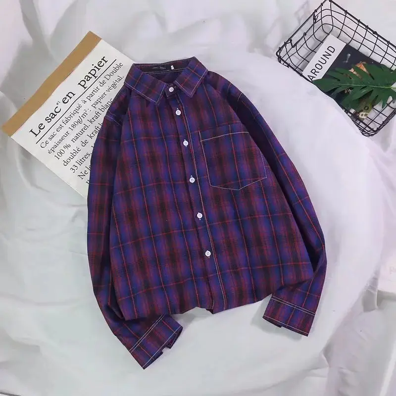 Men's Plaid Long Sleeve Shirt Purple Blue Youth Casual - Image 8