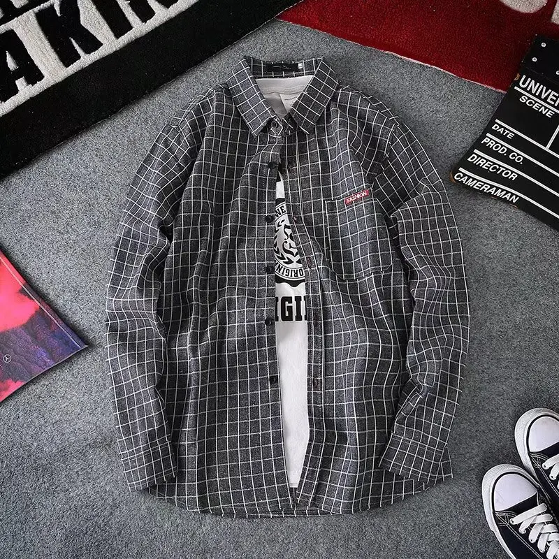 Men's Long Sleeve Plaid Shirt Korean Style - Image 4