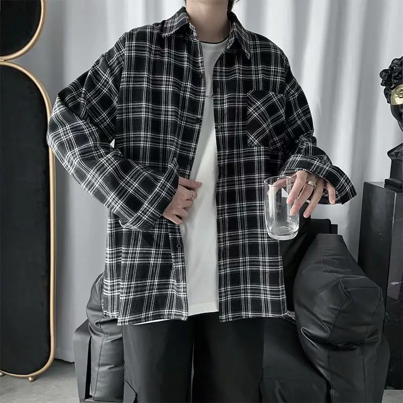 Men Plaid Long Sleeve Shirt Black White Loose Casual