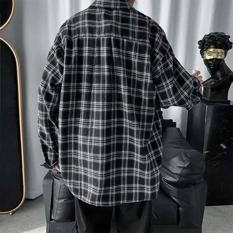 Men Plaid Long Sleeve Shirt Black White Loose Casual