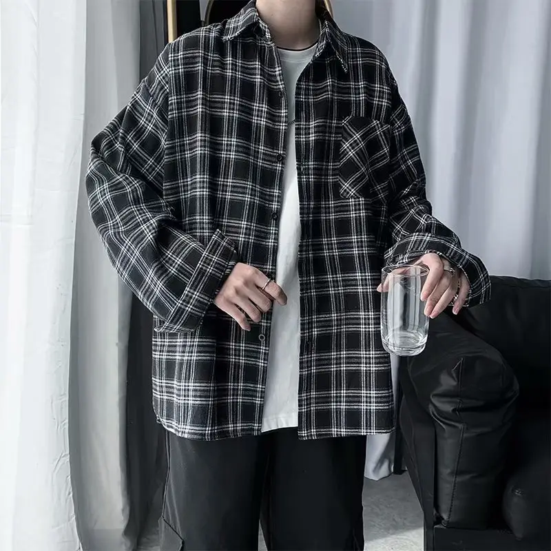 Men Plaid Long Sleeve Shirt Black White Loose Casual