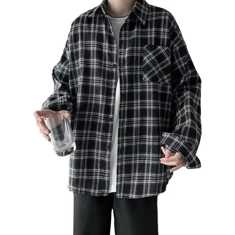 Men Plaid Long Sleeve Shirt Black White Loose Casual