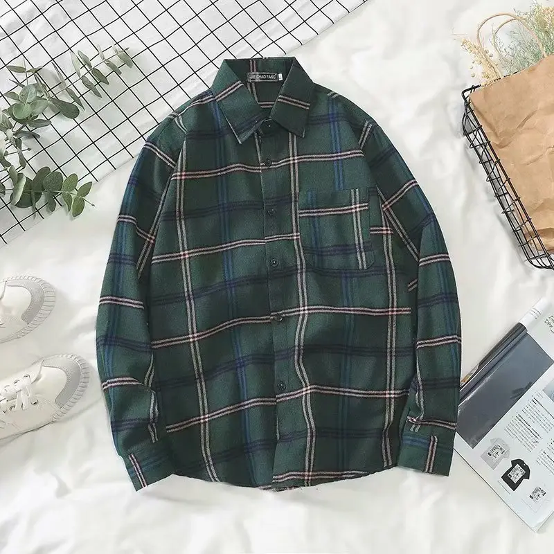 Men's Plaid Long Sleeve Shirt Korean Style Loose Fit - Image 3