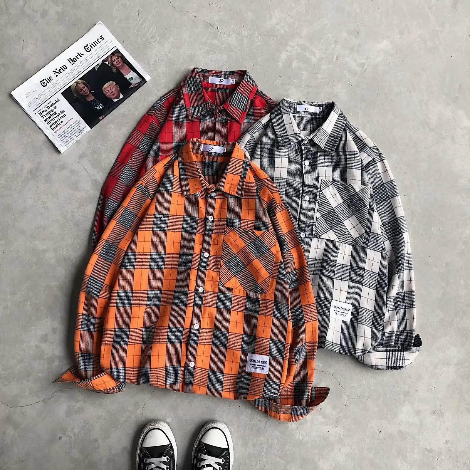 Japanese Plaid Long Sleeve Shirt Men Women Loose Fit Orange Black - Image 4