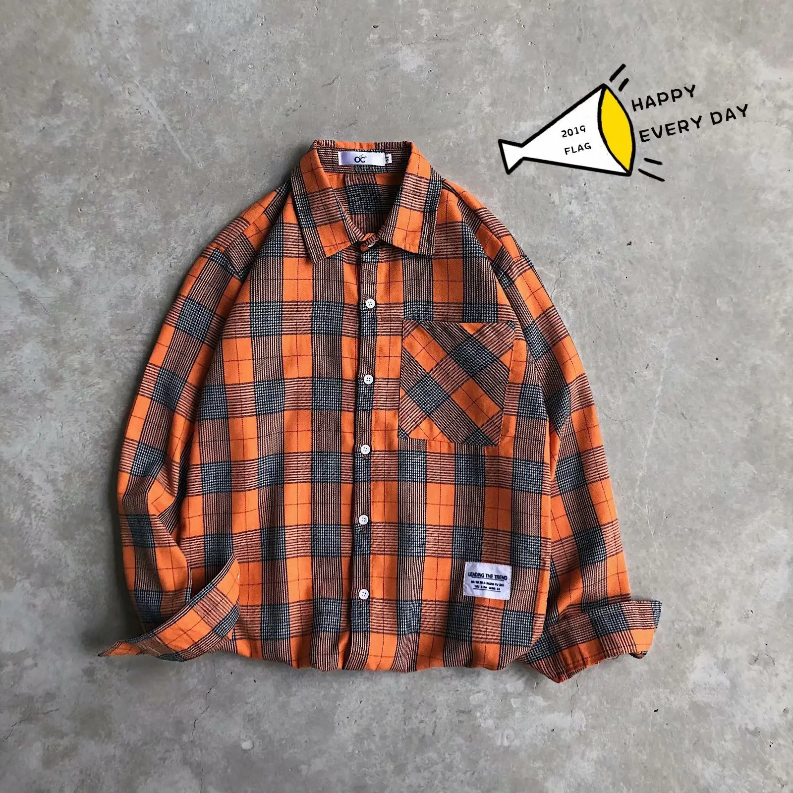 Japanese Plaid Long Sleeve Shirt Men Women Loose Fit Orange Black - Image 2