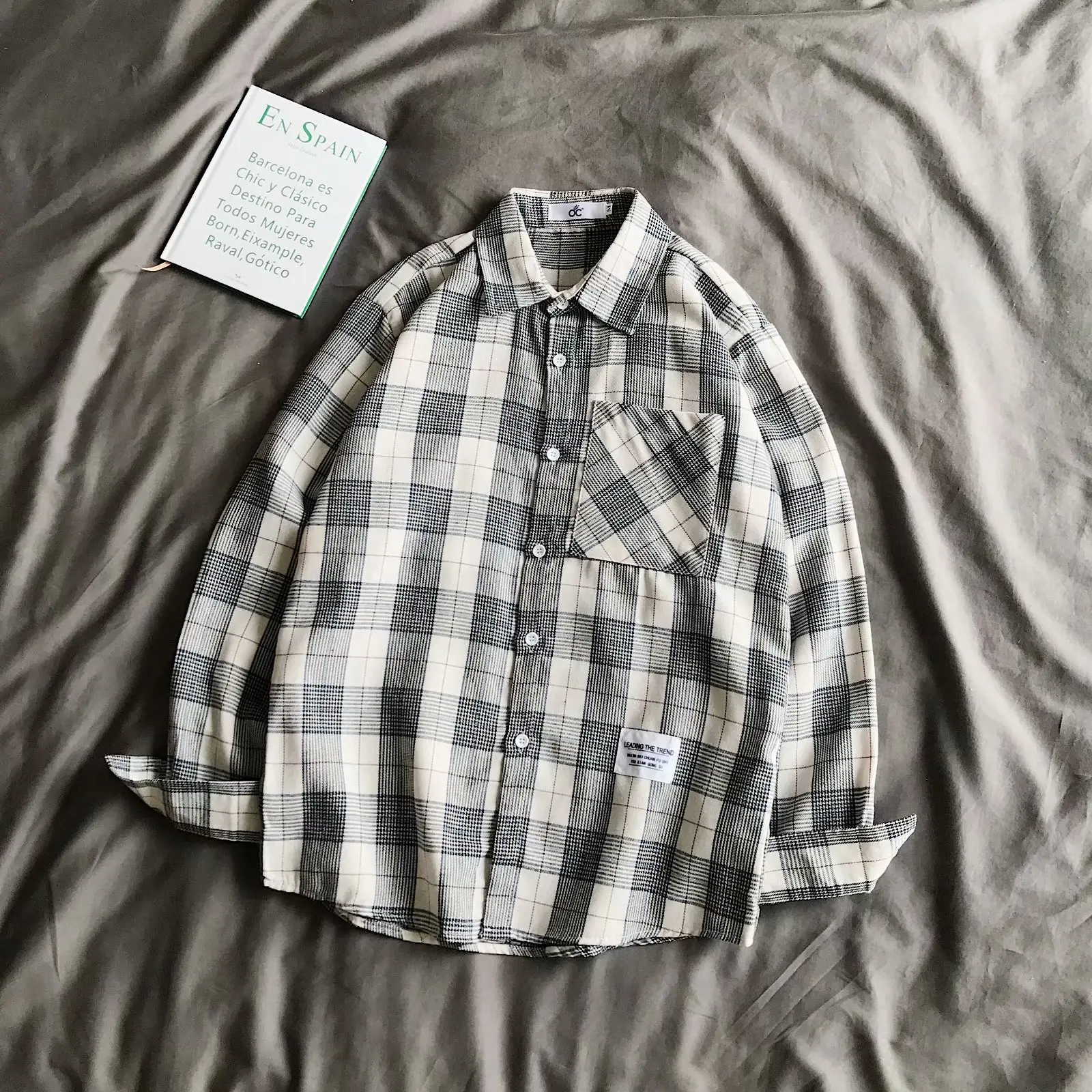 Japanese Plaid Long Sleeve Shirt Men Women Loose Fit Orange Black - Image 5