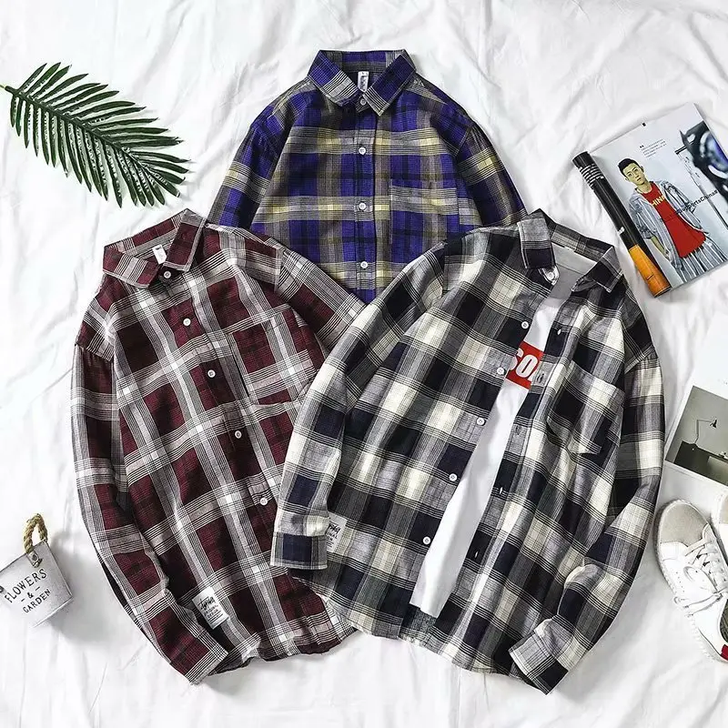 Men Plaid Long Sleeve Shirt Blue Red Gray Large - Image 4