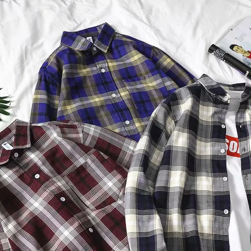 Men Plaid Long Sleeve Shirt Blue Red Gray Large - Image 5