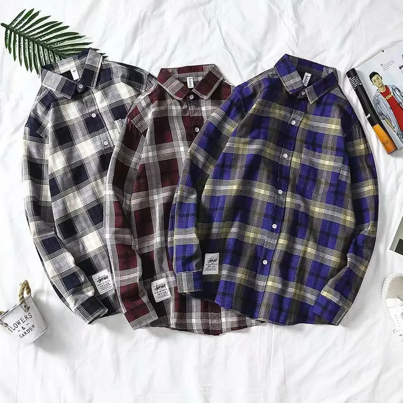 Men Plaid Long Sleeve Shirt Blue Red Gray Large - Image 6