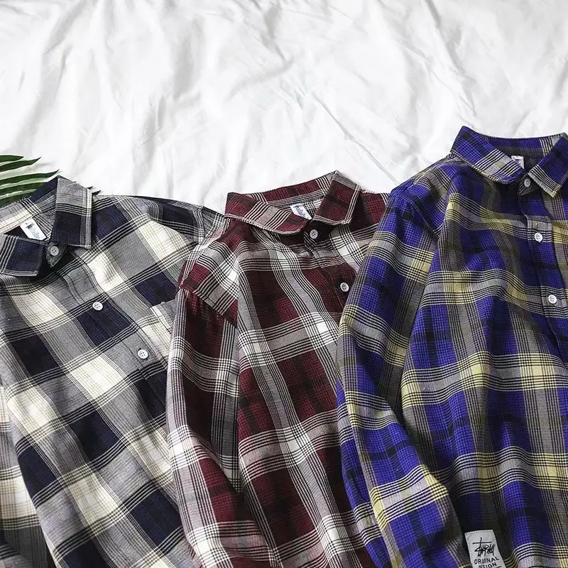 Men Plaid Long Sleeve Shirt Blue Red Gray Large - Image 7