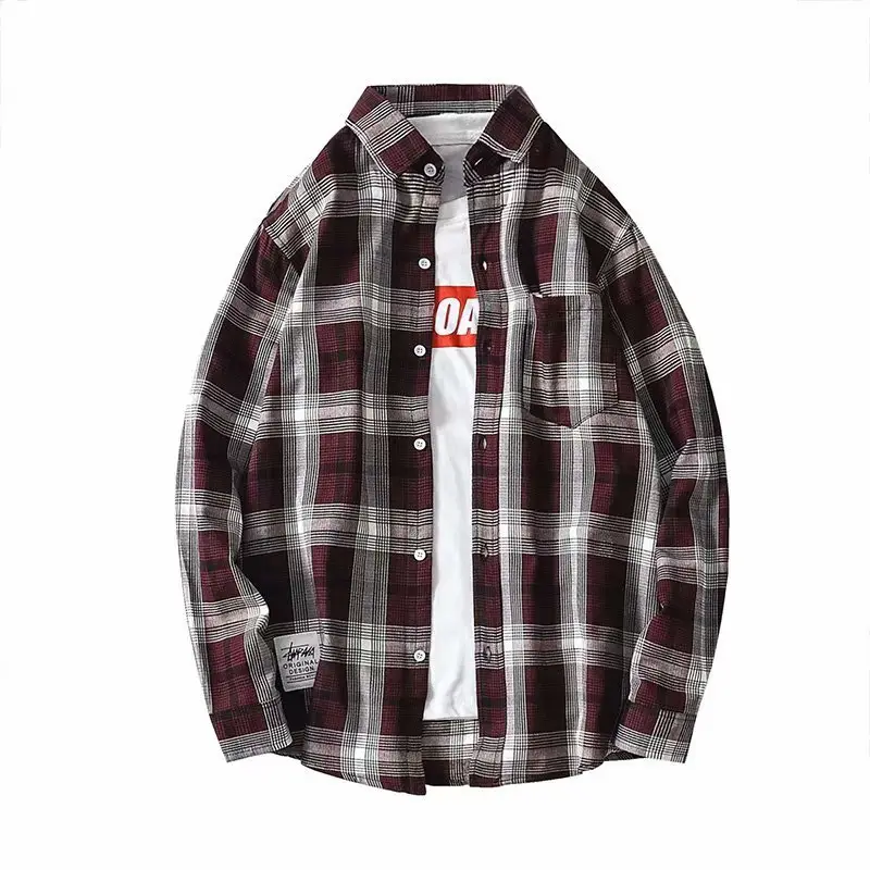 Men Plaid Long Sleeve Shirt Blue Red Gray Large - Image 8