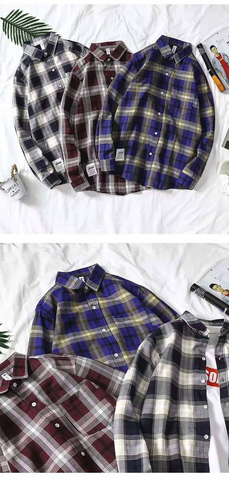 Men Plaid Long Sleeve Shirt Blue Red Gray Large — feature 2
