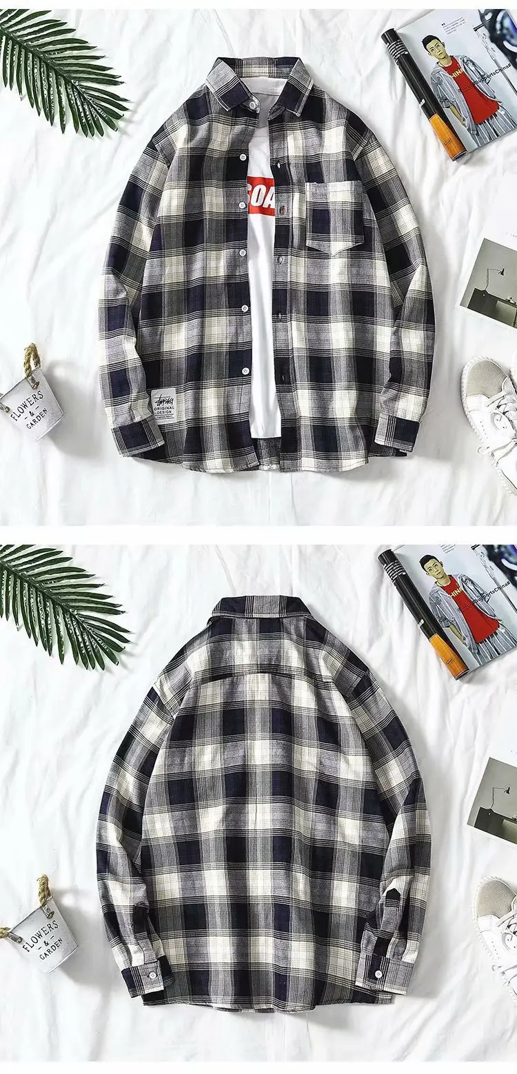 Men Plaid Long Sleeve Shirt Blue Red Gray Large — feature 3