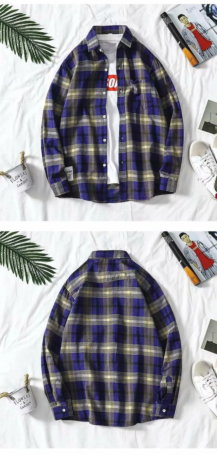 Men Plaid Long Sleeve Shirt Blue Red Gray Large — feature 5