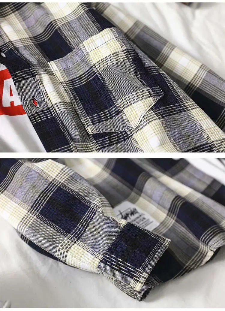 Men Plaid Long Sleeve Shirt Blue Red Gray Large — feature 7